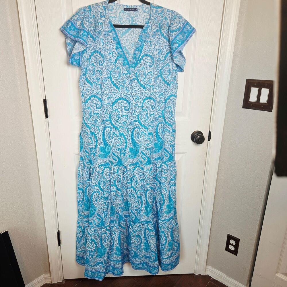 La Plage Dress Medium Blue Paisley Maxi V Neck Pockets Cotton Boho Sundress